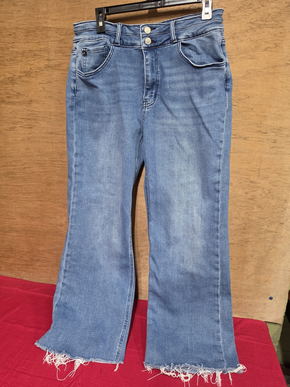 Kancan Mid Blue Flared Jeans with Frayed Hem 13/30
